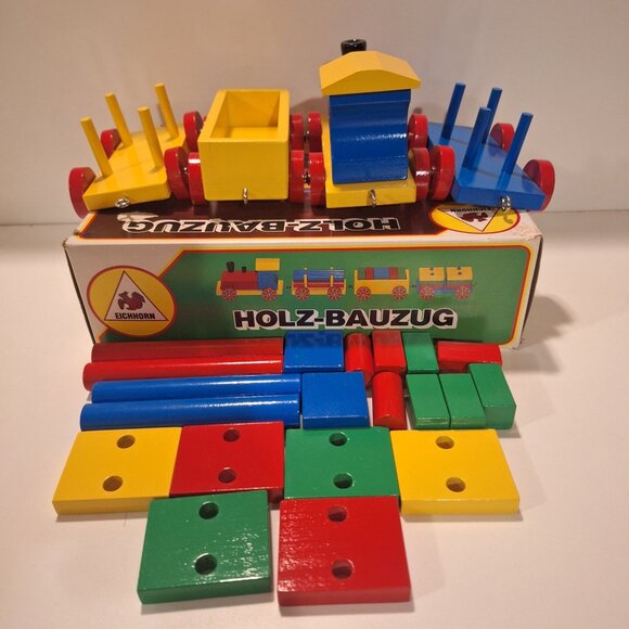 Complete Vintage Eichhorn Holz-Bauzug Wooden Train Set Age2+ Original Box Blocks - Picture 9 of 12
